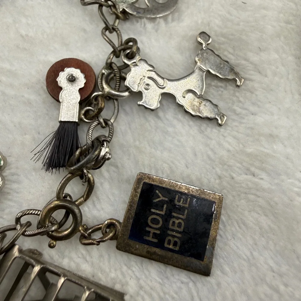 Vintage Charm Bracelet Western Germany 4-H Bible Typewriter Poodle FHA 6.5
